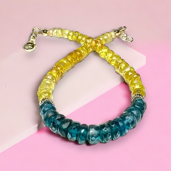 Solid 14K Gold 585 Natural London Blue Topaz and Yellow Sapphire Bracelet - Picture 7 of 9